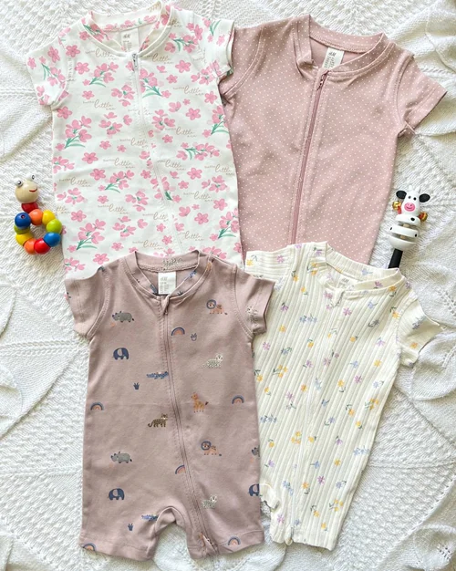 رامپر نخی/کبریتی سفید/صورتی چرک/ کرم طرح گلدار/خالدار/حیوانات h&m