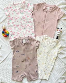 رامپر نخی/کبریتی سفید/صورتی چرک/ کرم طرح گلدار/خالدار/حیوانات h&m