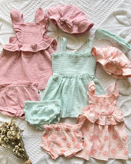 سه تکه (تاپ/کلاه/هد/شورتک) گلبهی/سبزآبی/کالباسی موسلین