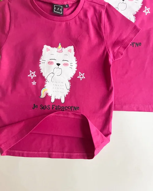 تیشرت نخی سرخابی طرح گربه فانتزی