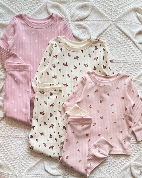 بلوز شلوار کبریتی صورتی / کرم طرح  گلدار  next