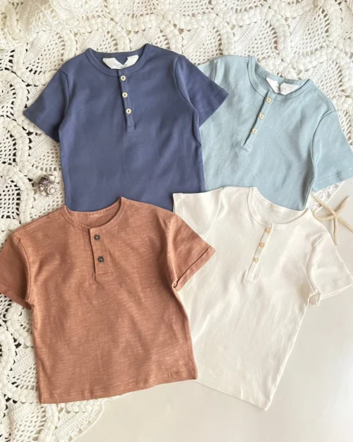 تیشرت نخی سرمه ای/آبی نفتی/کرم/قهوه ای طرح تک رنگ h&m