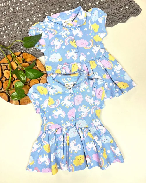 پیراهن جودون آبی طرح یونیکورن JUniors