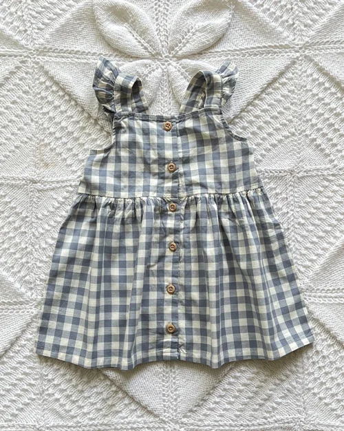 پیراهن نخی سفید آبی طرح چهارخونه h&m