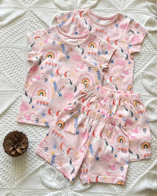 تیشرت شلوارک نخی صورتی طرح یونیکورن