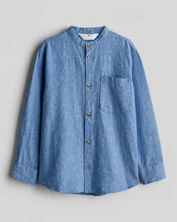 نمای روبرو پیراهن پسرانه آبی لینن طرح ساده h&m | اسکای‌تاپ مرجع تخصصی خرید لباس بچگانه
