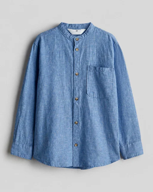 نمای روبرو پیراهن پسرانه آبی لینن طرح ساده h&m | اسکایتاپ مرجع تخصصی خرید لباس بچگانه