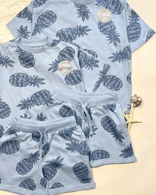 تیشرت شلوارک نخی دورس آبی طرح آناناس sinsay