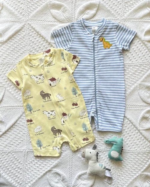 رامپر نخی/ کبریتی زرد / آبی طرح دایناسور / حیوانات h&m