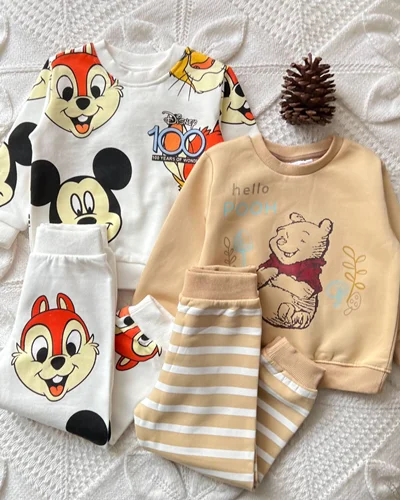 بلوز شلوار تو پنبه ای سفید/کرم طرح میکی/پو zara