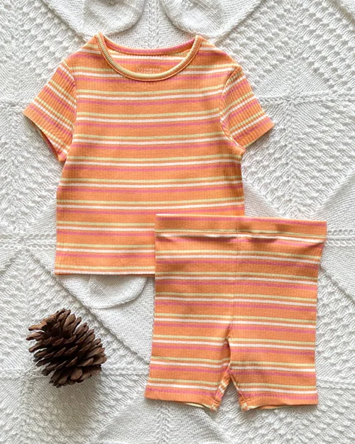 تیشرت شلوارک نخی کبریتی نارنجی طرح راه راه primark