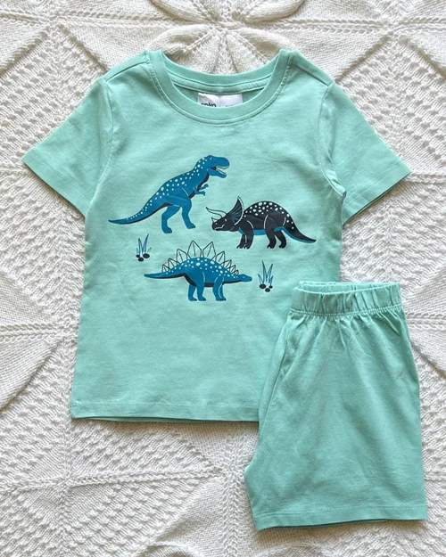 تیشرت شلوارک نخی سبز آبی طرح دایناسور  anko