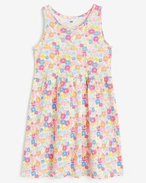 نمای روبرو پشت سفید پیراهن دخترانه رنگارنگ نخی طرح پر گل h&m | اسکایتاپ مرجع تخصصی خرید لباس بچگانه