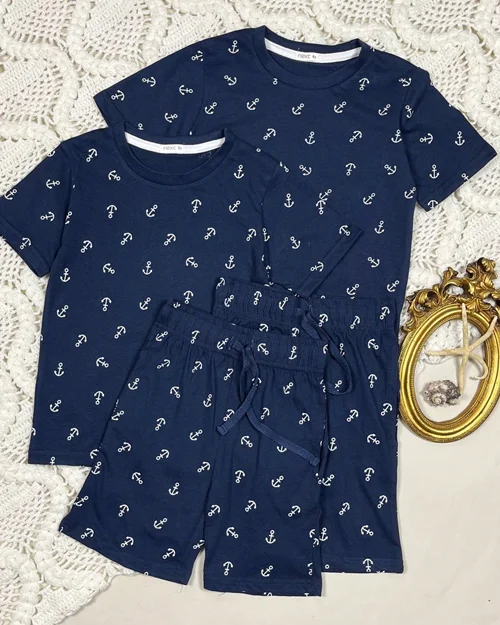 تیشرت و شلوارک نخی سرمه ای طرح لنگر next