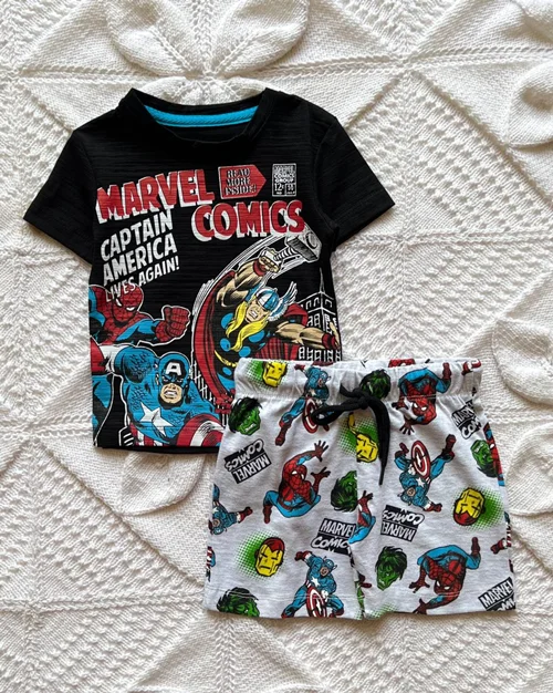 تیشرت شلوارک نخی مشکی سفید طرح مارول