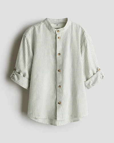 پیراهن نخی سفید طرح راه راه سبز کمرنگ h&m