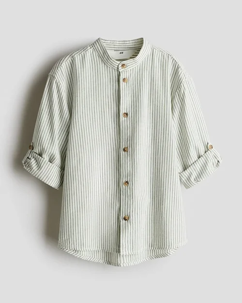 پیراهن نخی سفید طرح راه راه سبز کمرنگ h&m