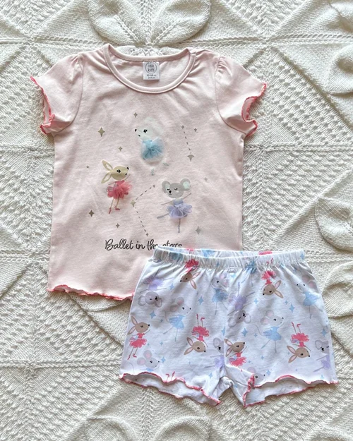 تیشرت شلوارک نخی آبی صورتی طرح موش little kids